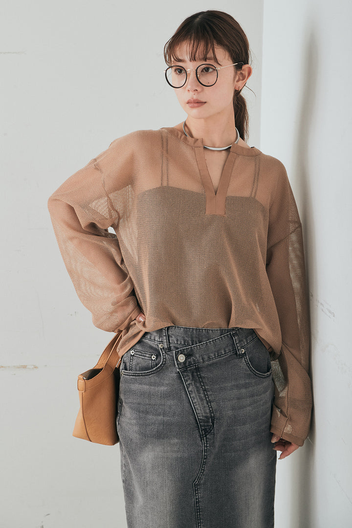 [SET]メッシュカットソースキッパープルオーバー+ウエストクロスデニムタイトスカート(2set)