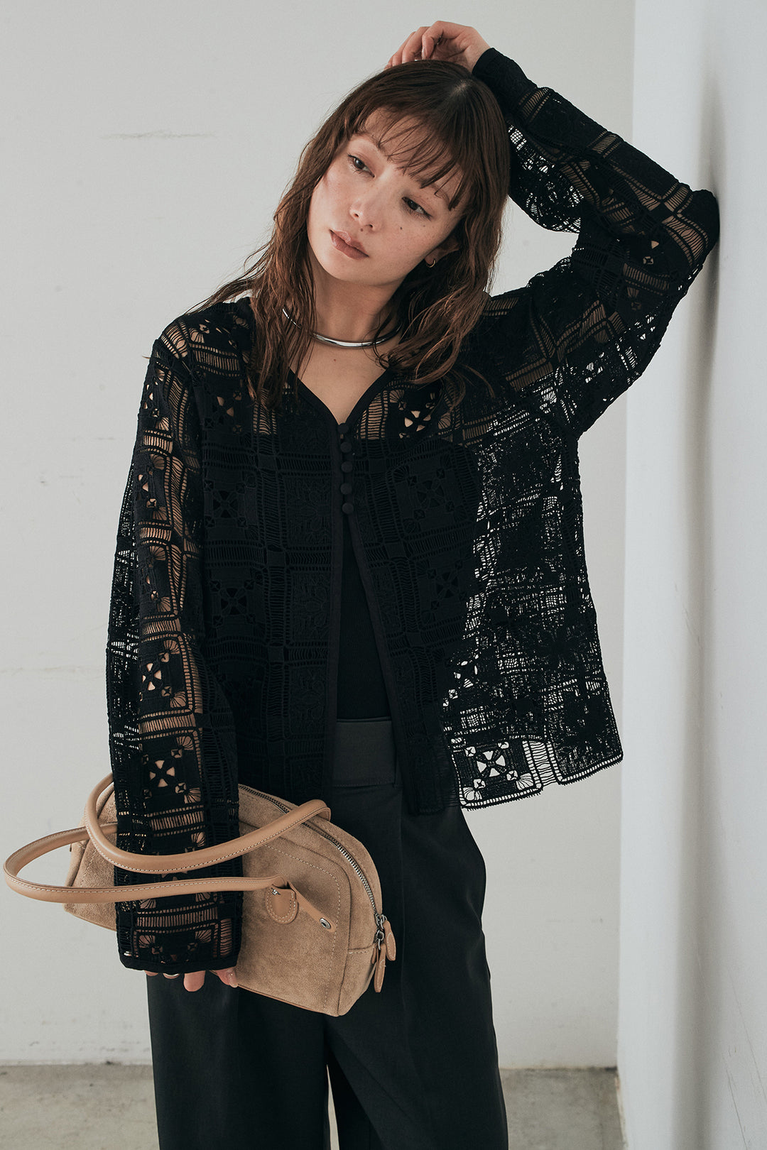 [SET]クロシェレースカーディガン+センタープレスセミワイドパンツ(2set)