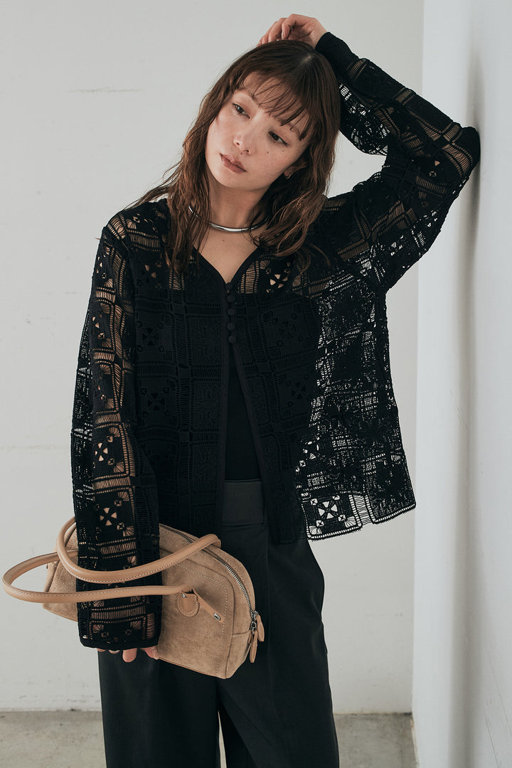 [SET]クロシェレースカーディガン+センタープレスセミワイドパンツ(2set)