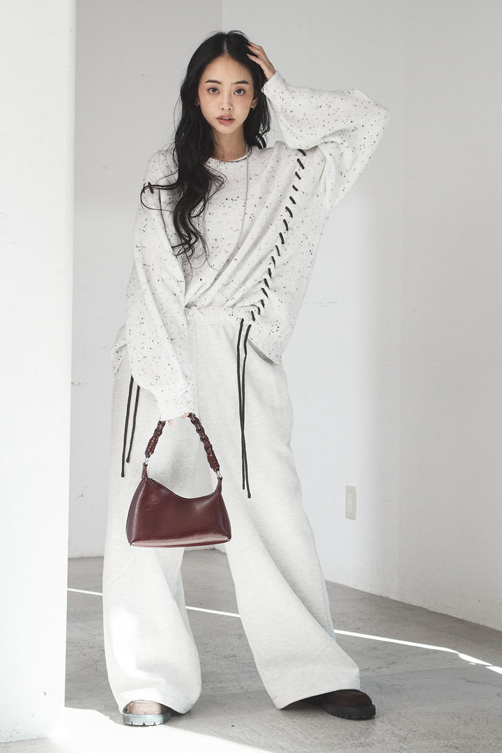 [SET]ネップ編み上げニットトップス+裏起毛スウェットワイドパンツ(2set)