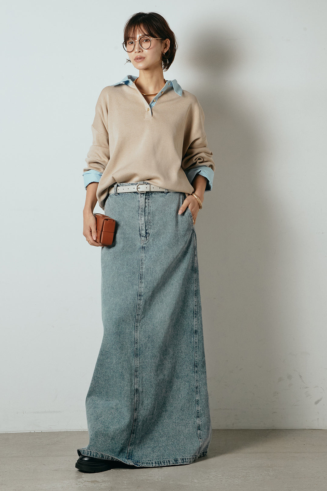 [SET]ストライプシャツドッキングポロトップス+デニムロングフレアスカート(2set)