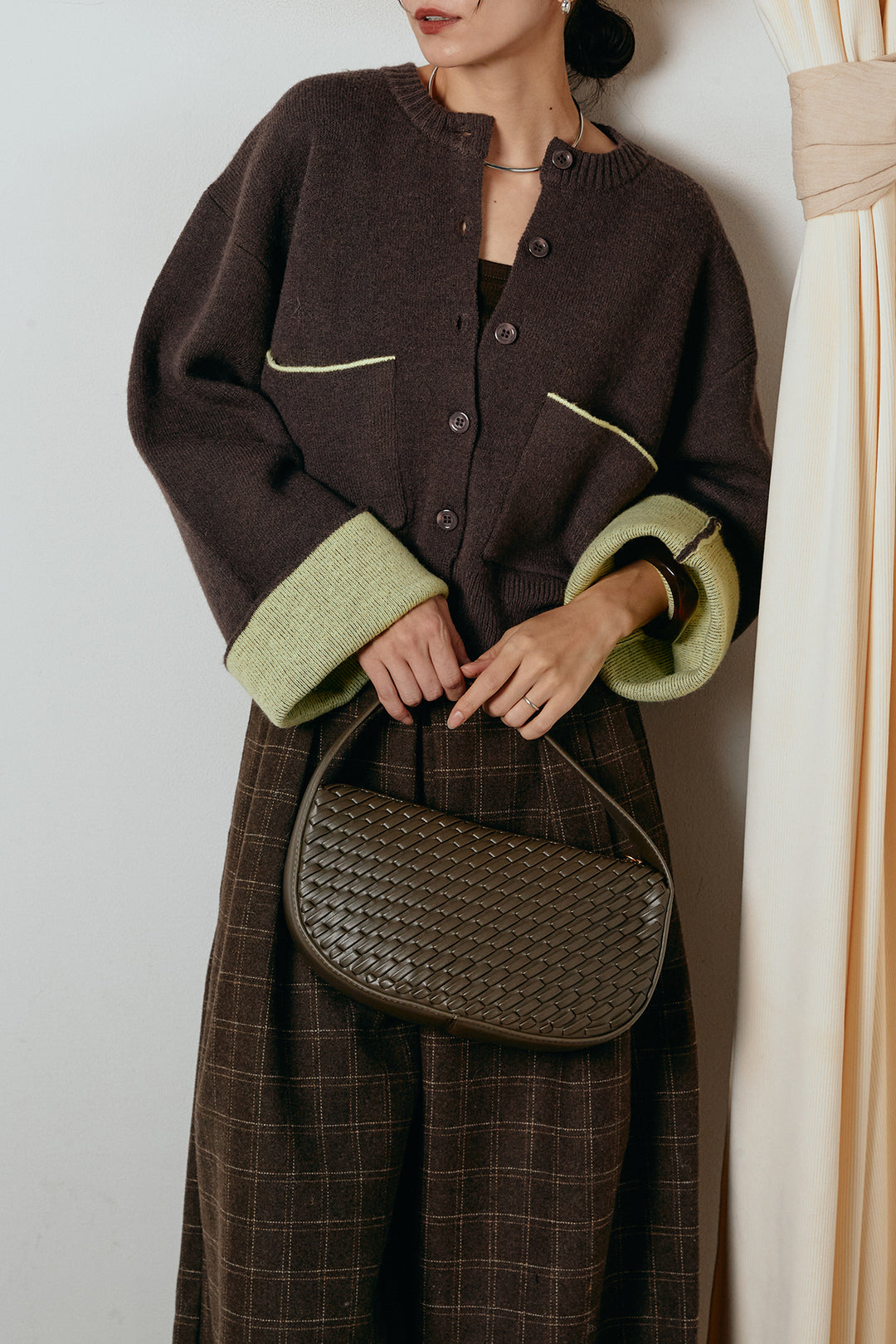 [SET]アルパカタッチダブルフェイスカーディガン+ウールライクチェックタックパンツ(2set)