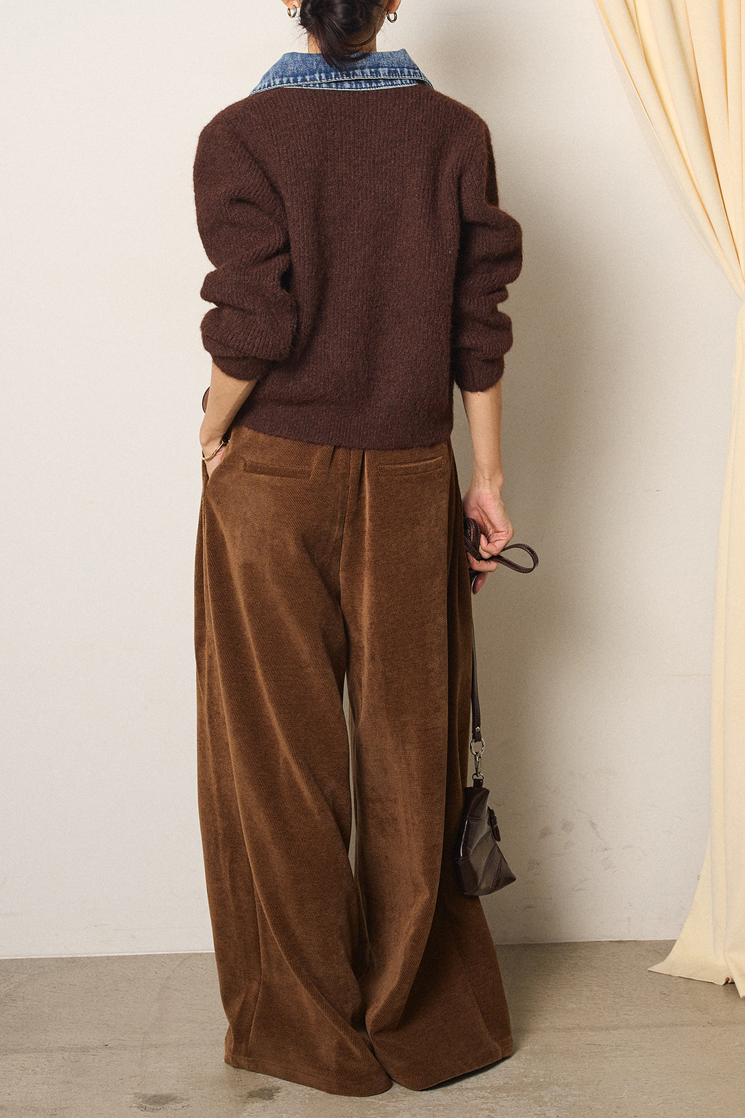 [SET]襟付きデニム切替ニットカーディガン+ベルトループコーデュロイワイドパンツ(2set)