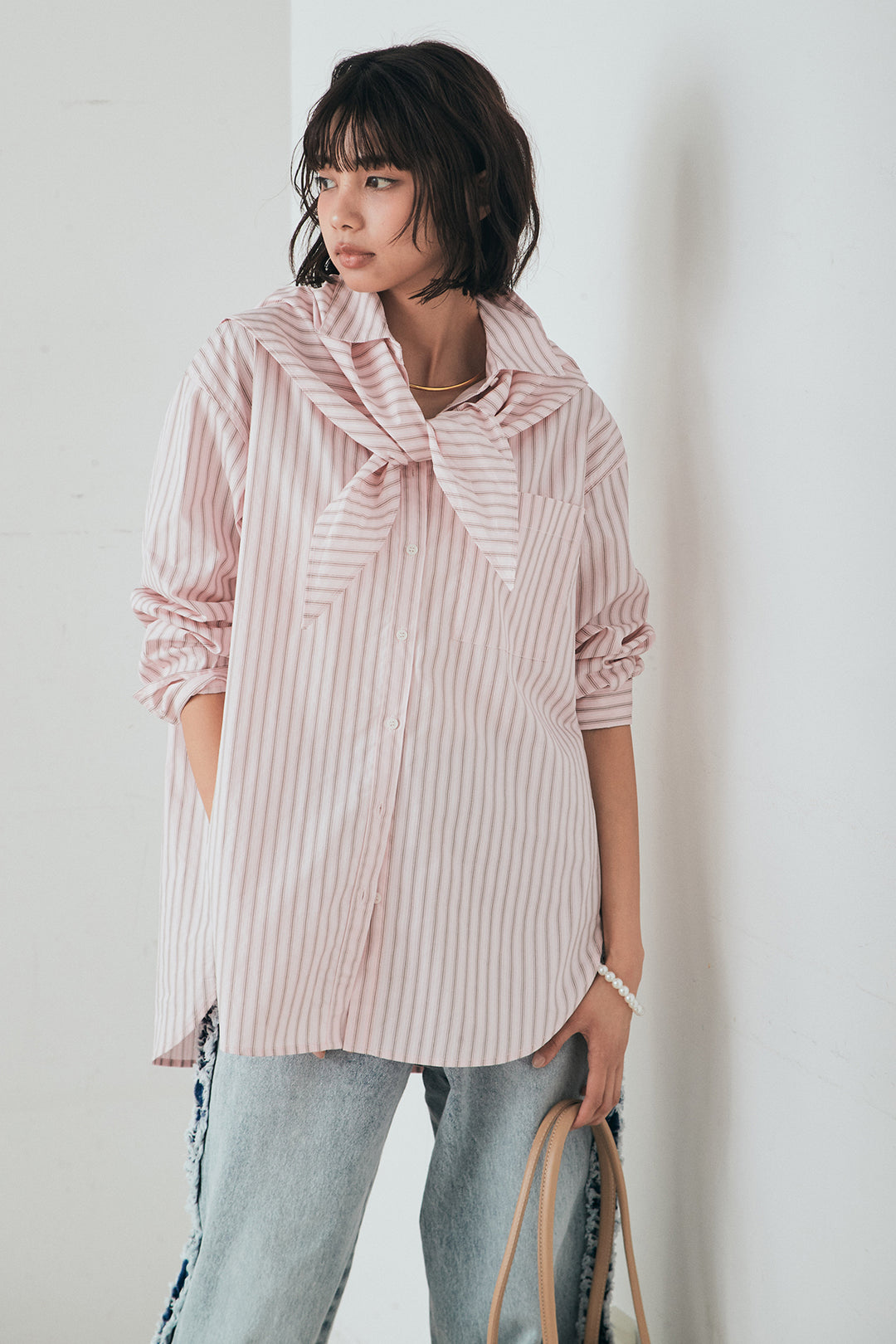 [SET]ランダムストライプスカーフ付きシャツ+デニムサイドフリルパンツ(2set)