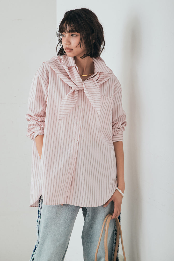 [SET]ランダムストライプスカーフ付きシャツ+デニムサイドフリルパンツ(2set)