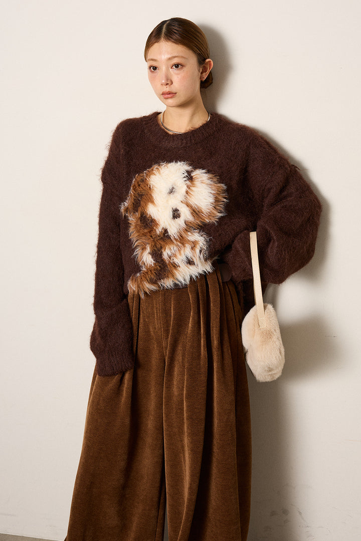 [SET]シャギーニュアンスアニマルニット+ベルトループコーデュロイワイドパンツ(2set)