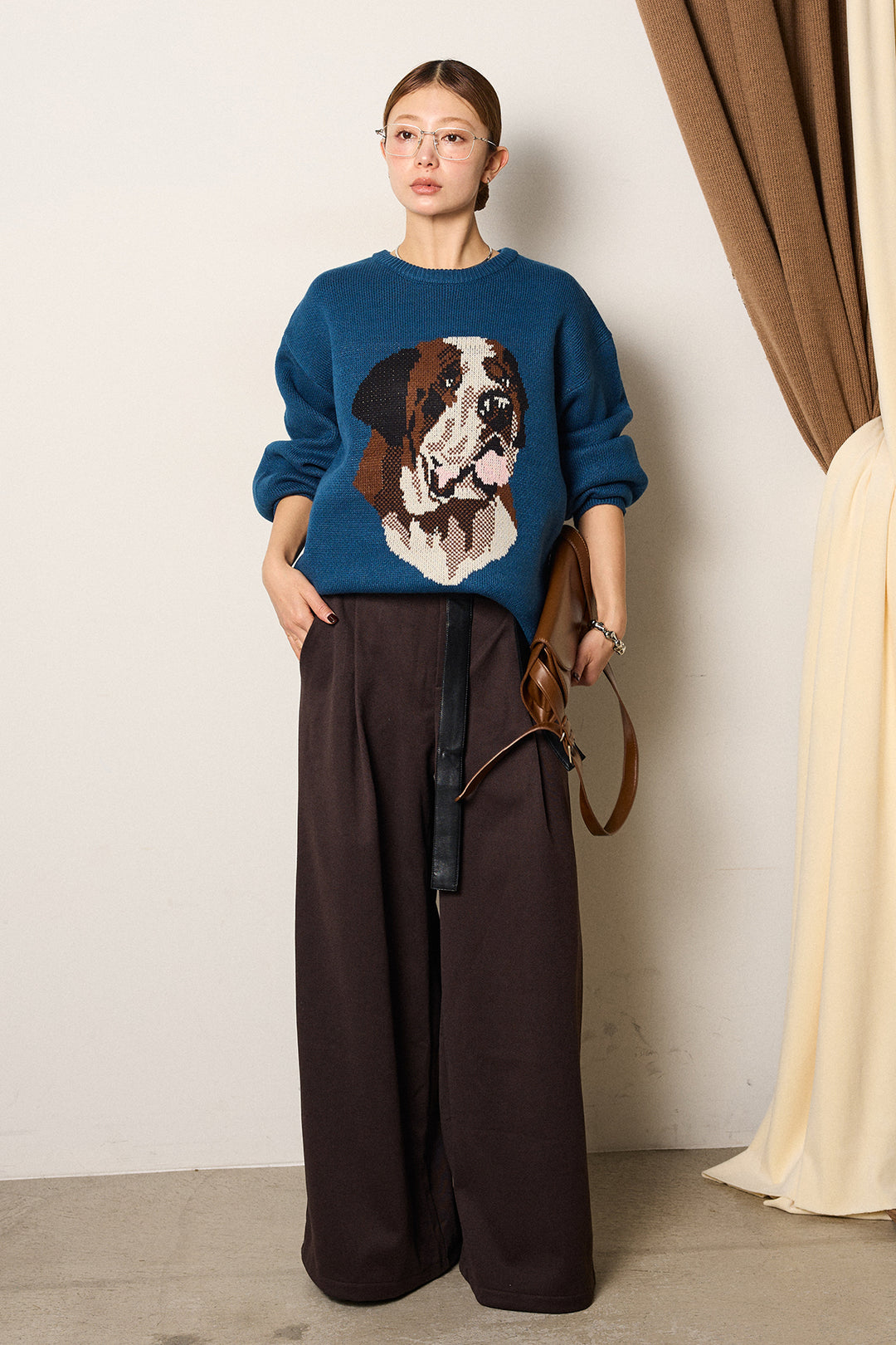 [SET]アニマルジャガード柄ニットトップス+巻ベルトウエストレザーライクワイドパンツ(2set)