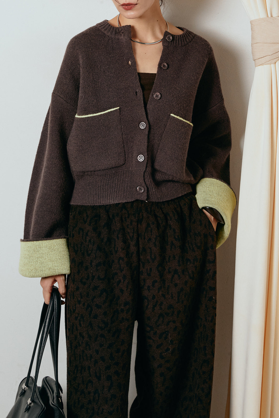 [SET]アルパカタッチダブルフェイスカーディガン+レオパードジャガードニットパンツ(2set)