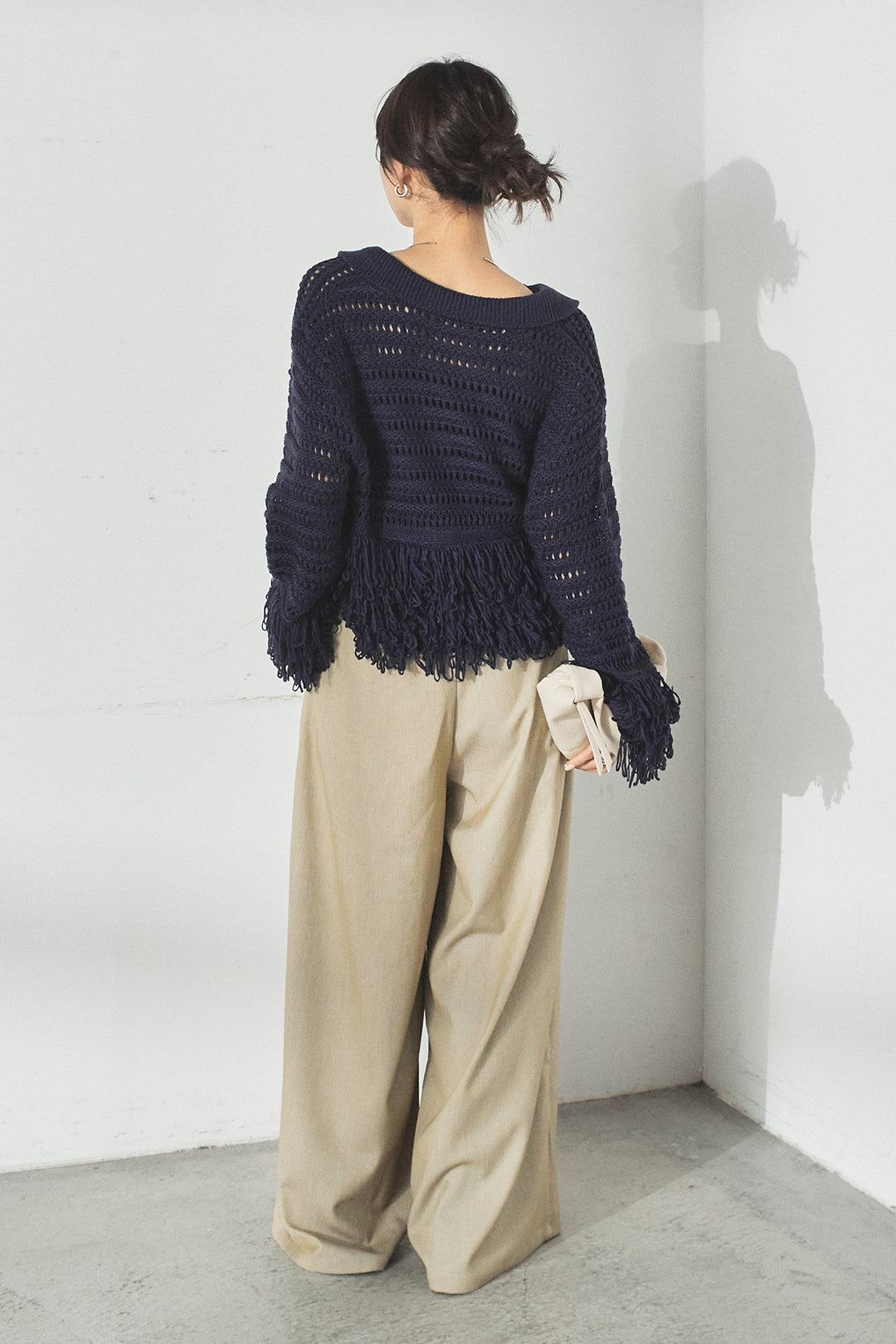 [SET]メッシュフリンジカーディガン+編みベルト付きウエストタックワイドパンツ(2set)