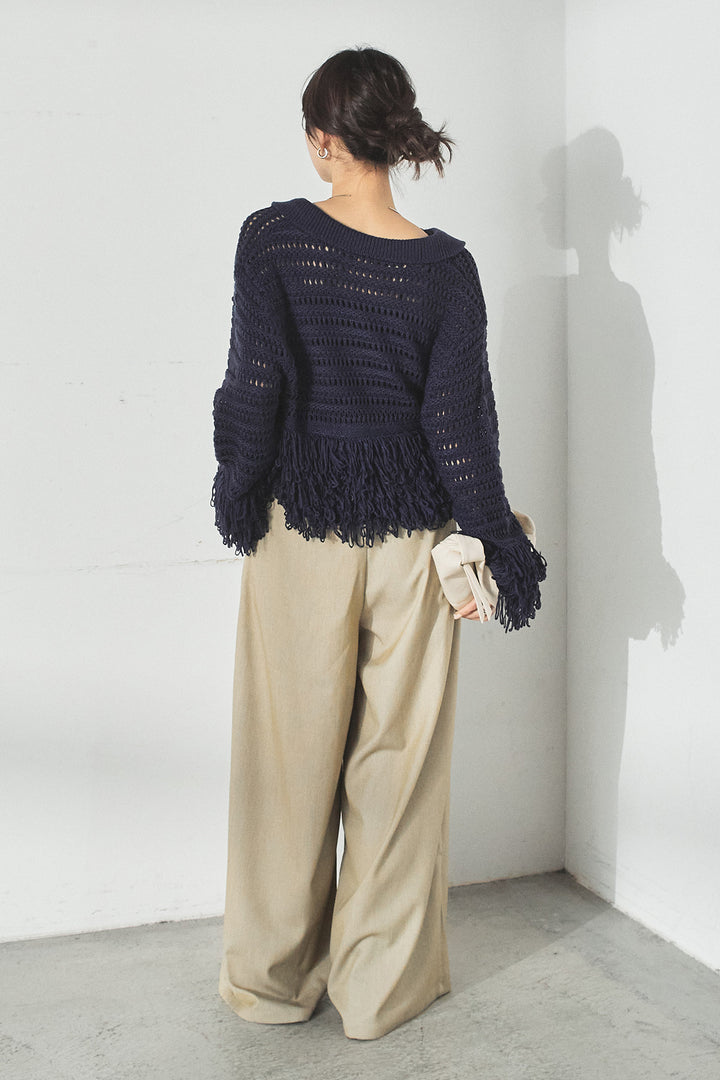 [SET]メッシュフリンジカーディガン+編みベルト付きウエストタックワイドパンツ(2set)