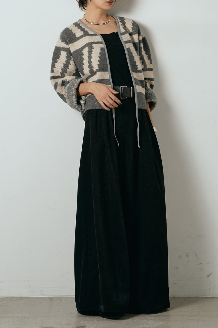 [SET]ノーカラー幾何学模様アウター+ベルトループコーデュロイワイドパンツ(2set)