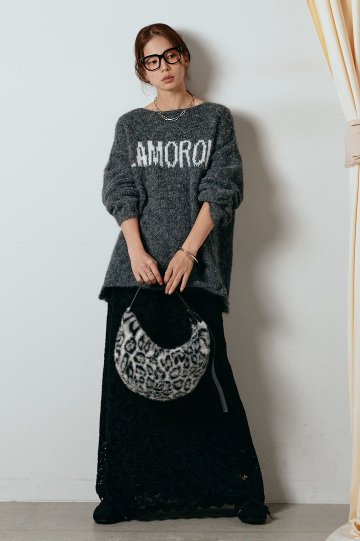 [SET]フロントロゴデザインニットトップス+花柄刺繍ベロアフレアスカート(2set)