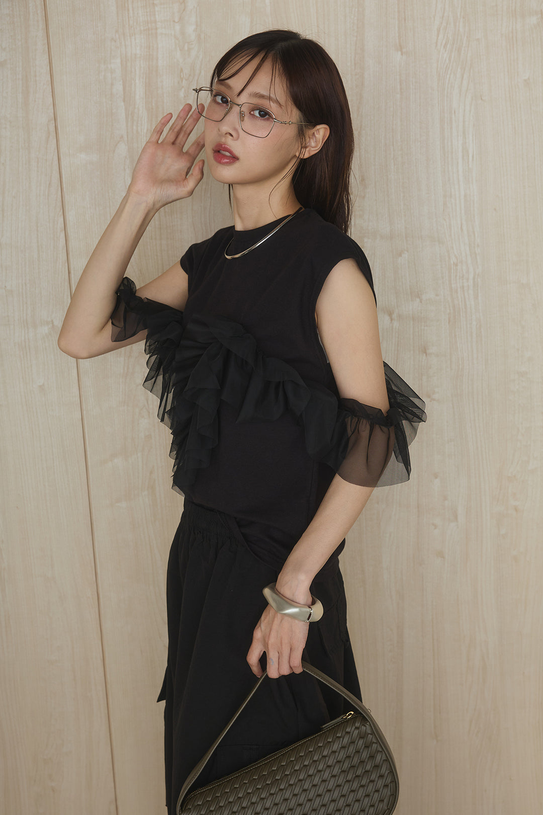 [SET]チュールフリルフレンチTシャツ+ルーズカーゴワイドパンツ(2set)