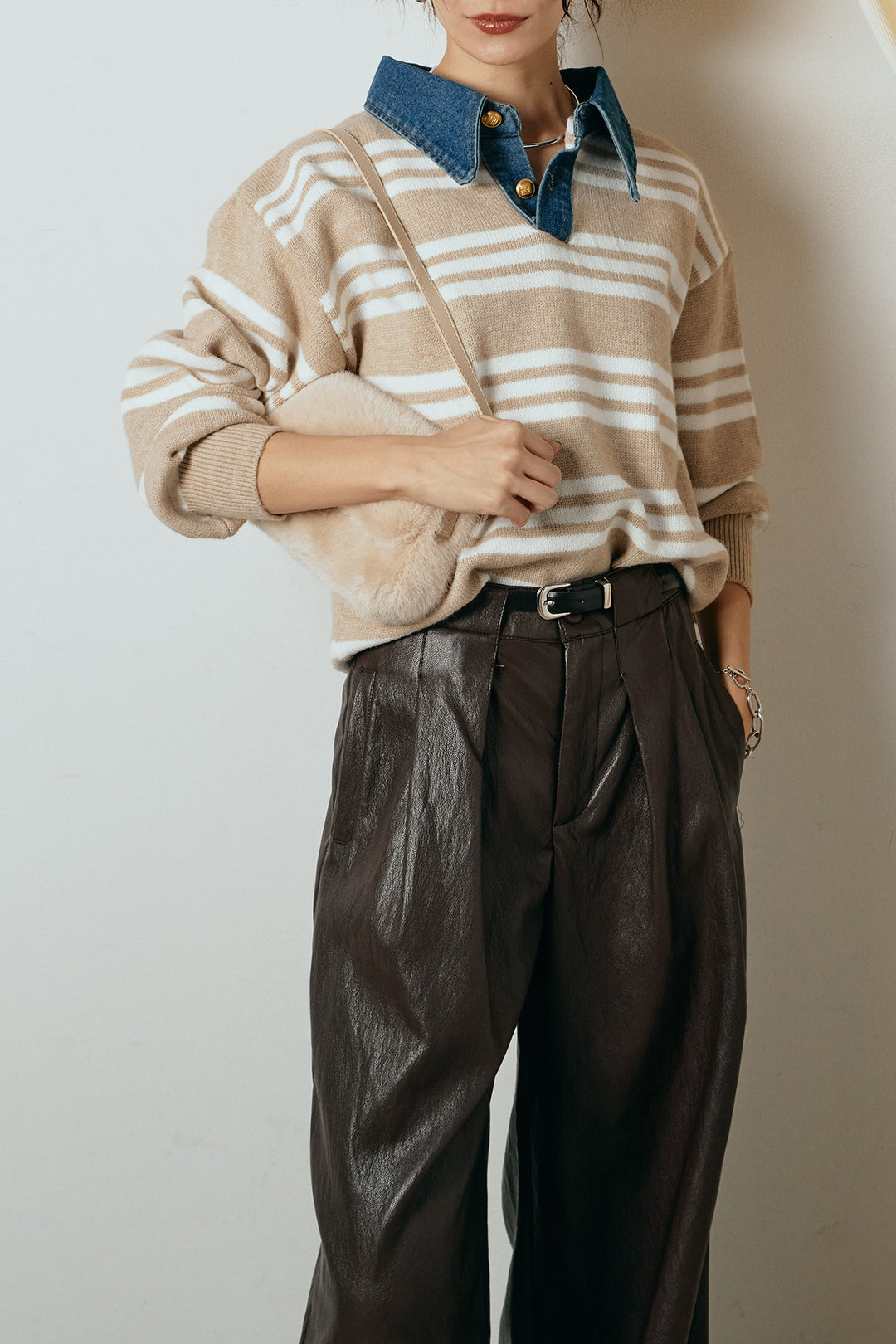 [SET]デニムレイヤード風ランダムボーダーニットプルオーバー+ベルト付きレザーライクタックパンツ(2set)