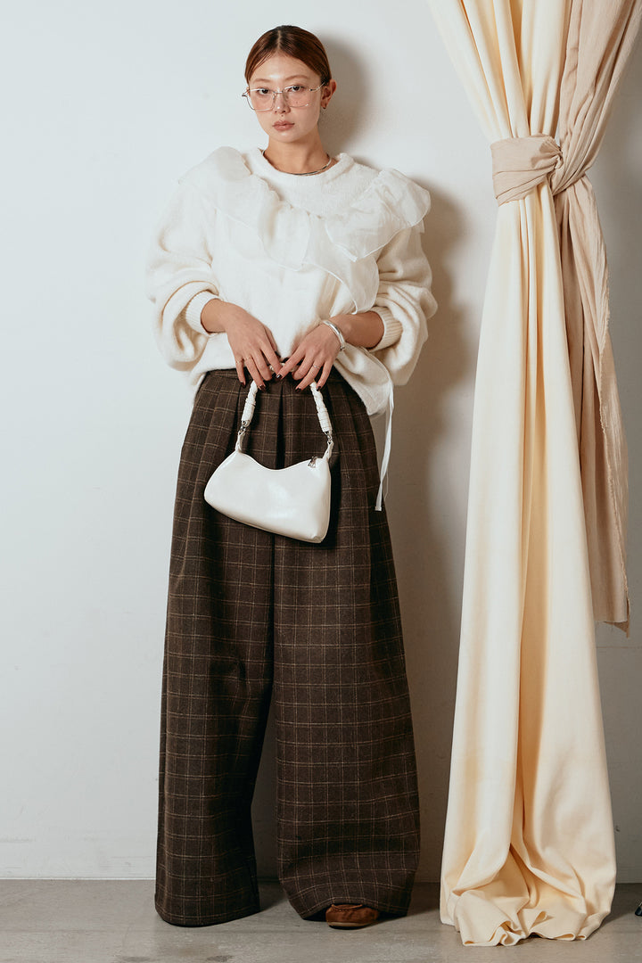 [SET]アシンメトリーフリルニットトップス+ウールライクチェックタックパンツ(2set)