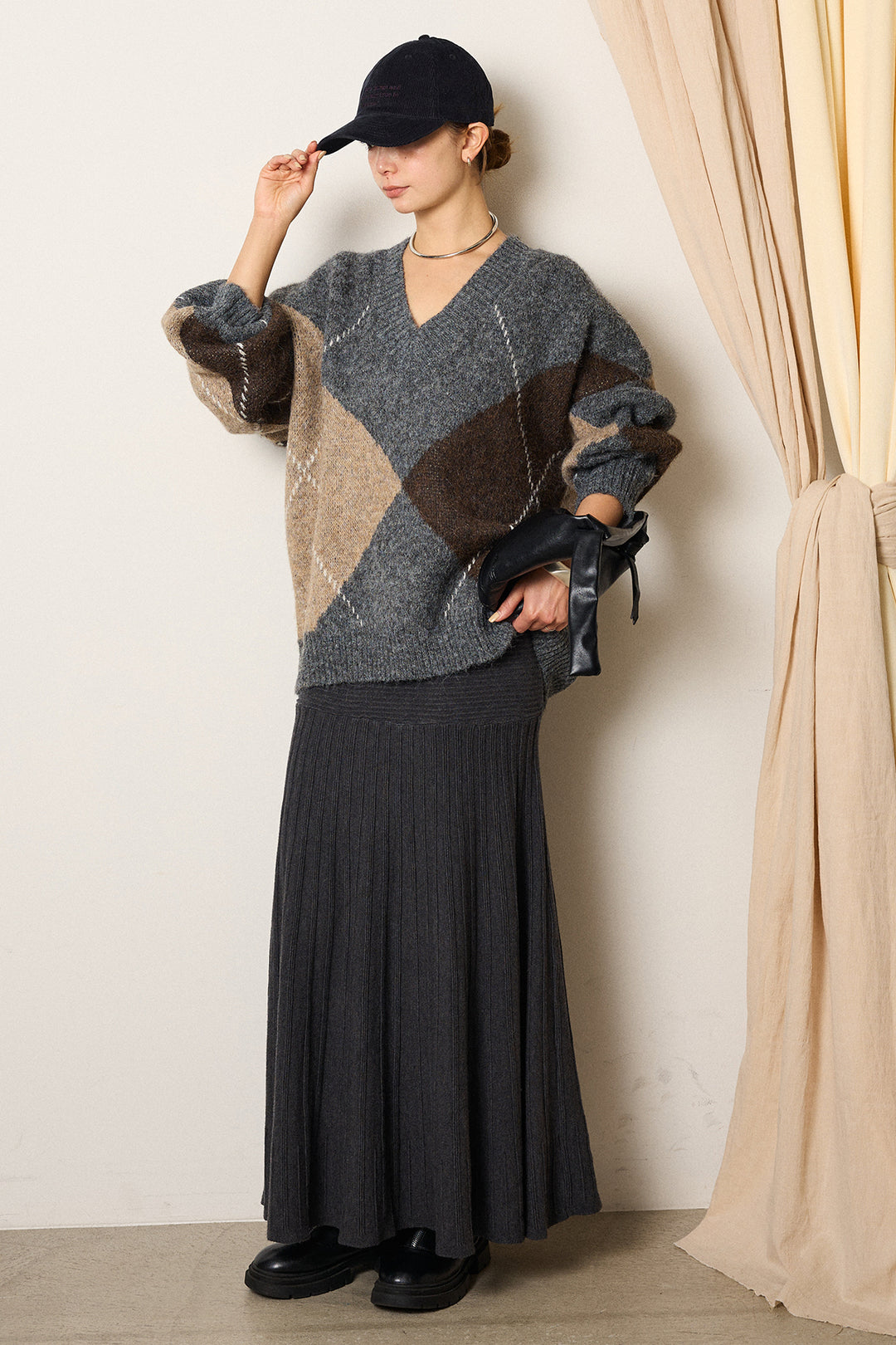 【着回しセット】[SET]ルーズアーガイルVネックニット+ルーズアーガイルVネックニット+編み地切り替えフレアニットスカート(3set)