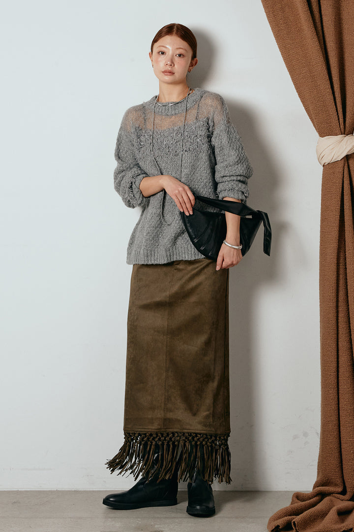 [SET]パターンランダム編みニットトップス+スウェードライク裾フリンジスカート(2set)