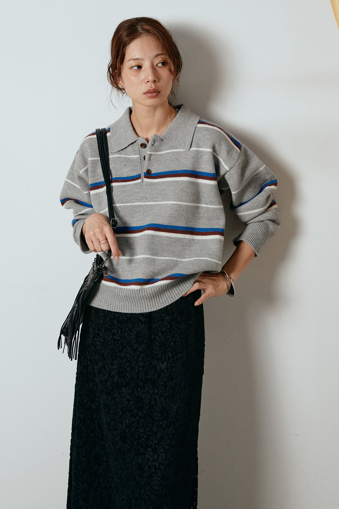 [SET]襟付きマルチボーダーニットポロトップス+花柄刺繍ベロアフレアスカート(2set)