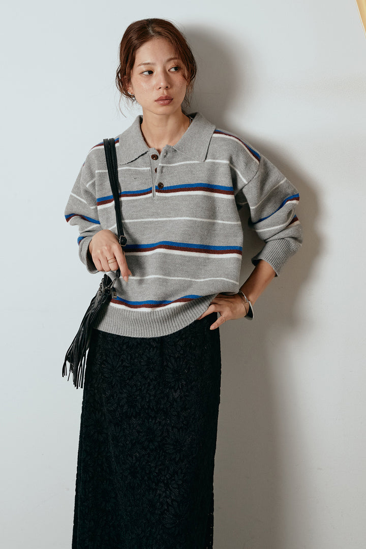 [SET]襟付きマルチボーダーニットポロトップス+花柄刺繍ベロアフレアスカート(2set)