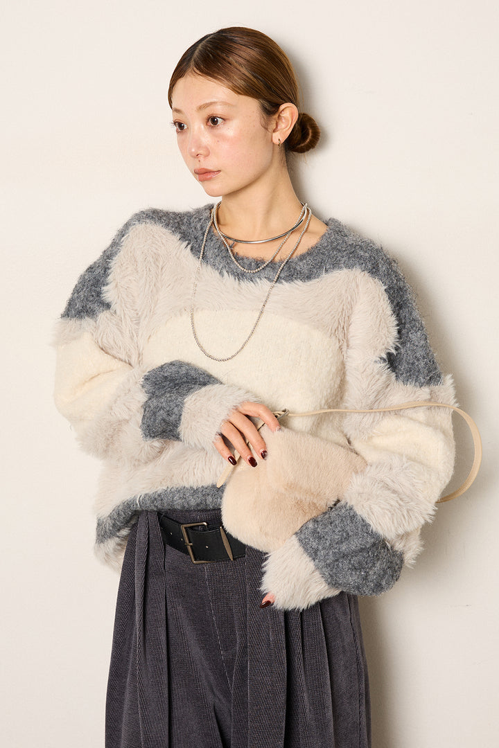 [SET]シャギーウェーブ柄クルーネックニットトップス+ベルトループコーデュロイワイドパンツ(2set)