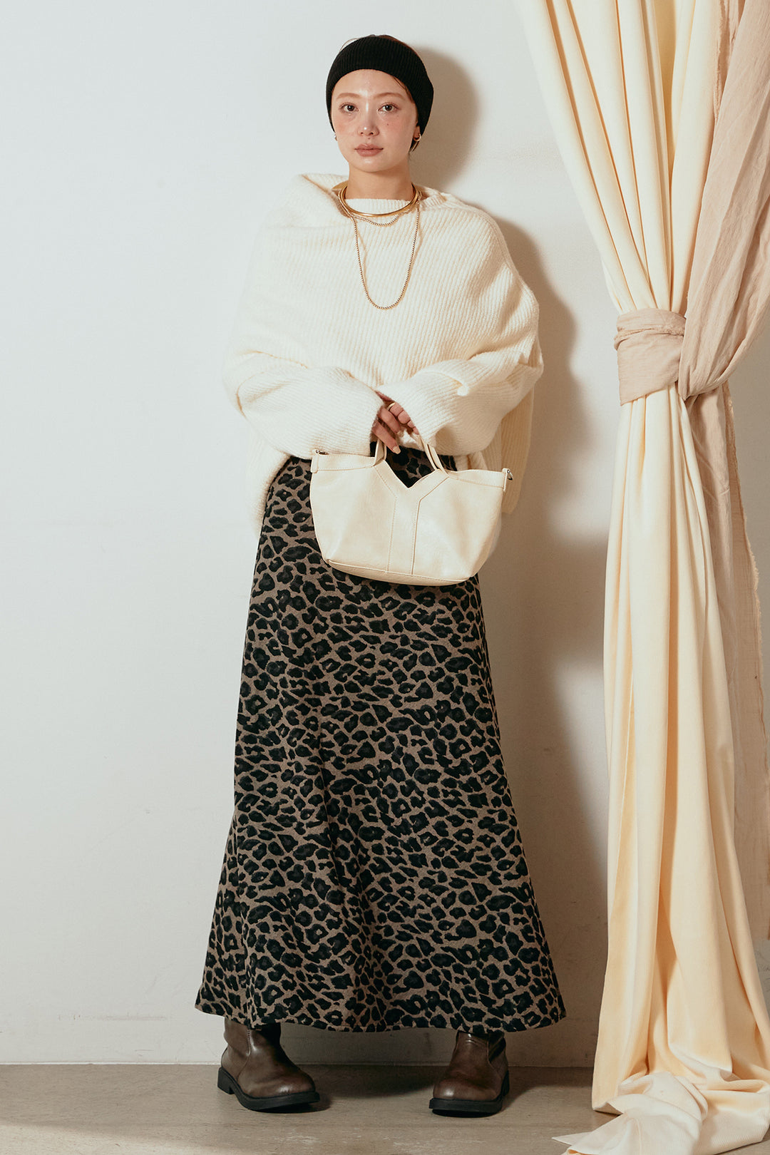 [SET]ケープデザインリブニットトップス+レオパードロングスカート(2set)