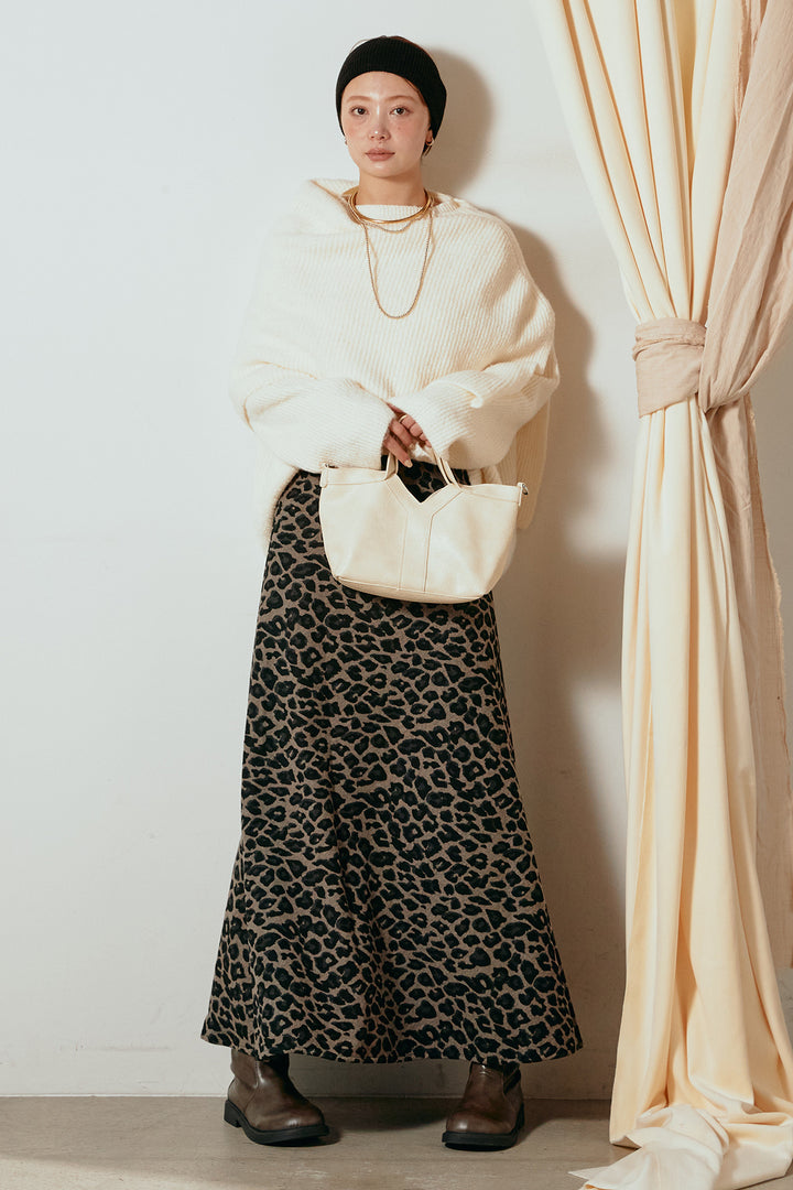 [SET]ケープデザインリブニットトップス+レオパードロングスカート(2set)