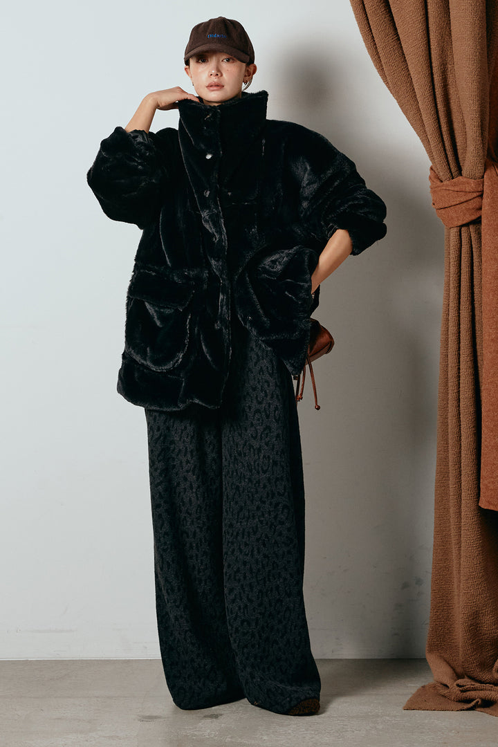 [SET]スタンドネックファーコート+レオパードジャガードニットパンツ(2set)