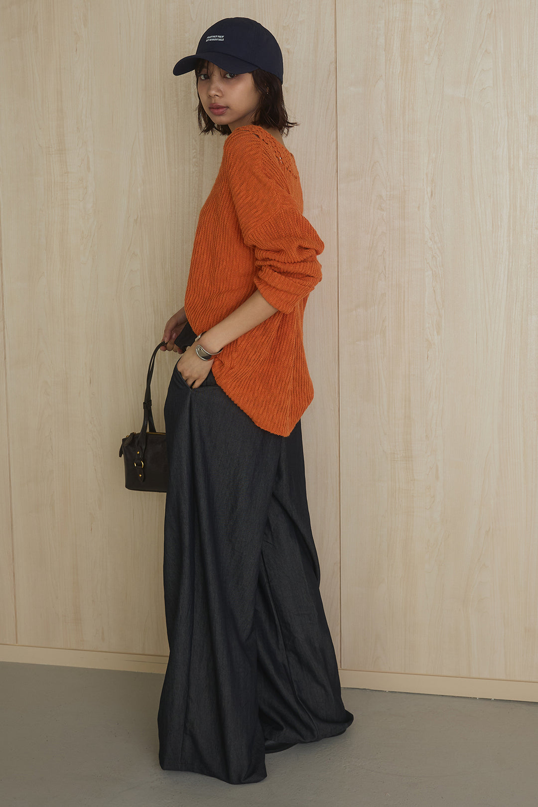 [SET]ネック編みデザインニットトップス+ウエスト折り返しワイドパンツ(2set)