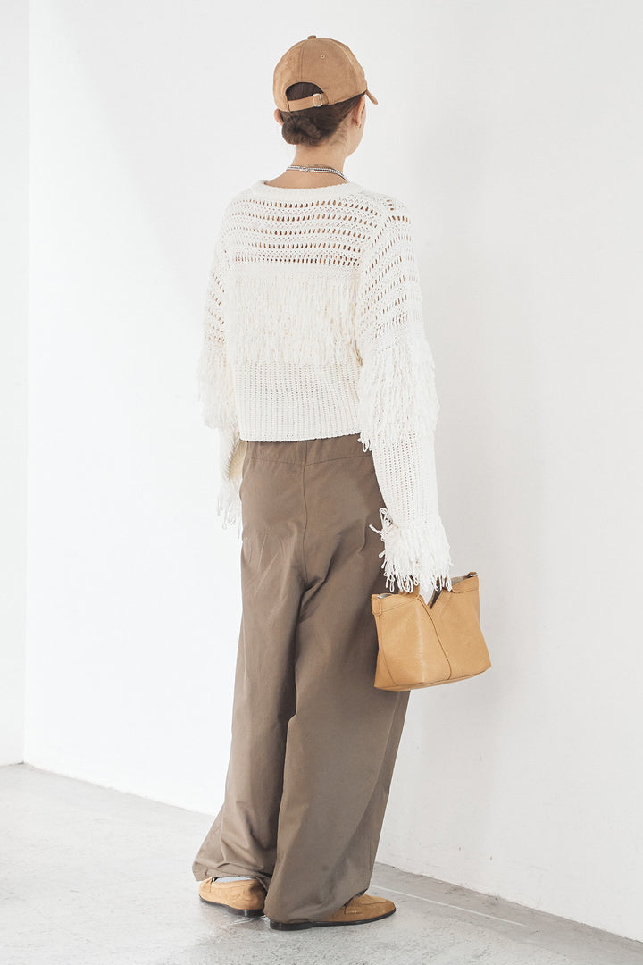 [SET]メッシュフリンジ切り替えプルオーバー+合繊ツイルスタンドウエスト巻きジョガーパンツ(2set)