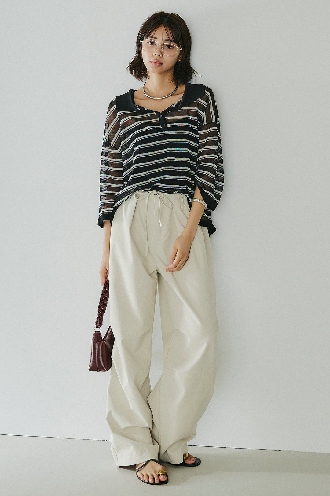 [SET]ボーダーニットポロシャツ+ニーサイドタックウエストドロスパンツ(2set)