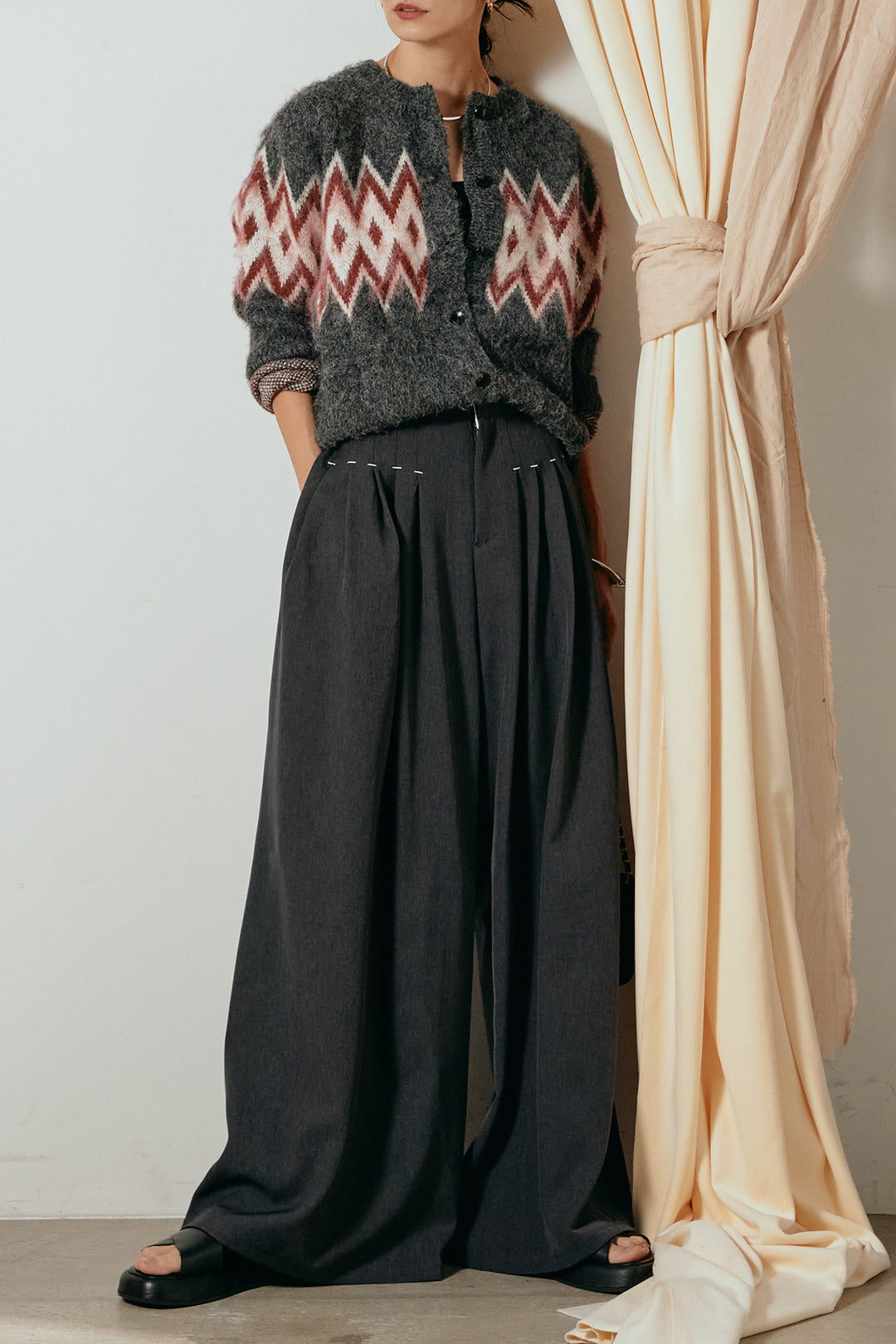 [SET]起毛ノルディック柄ニットカーディガン+ウエストステッチデザインワイドスラックス(2set)