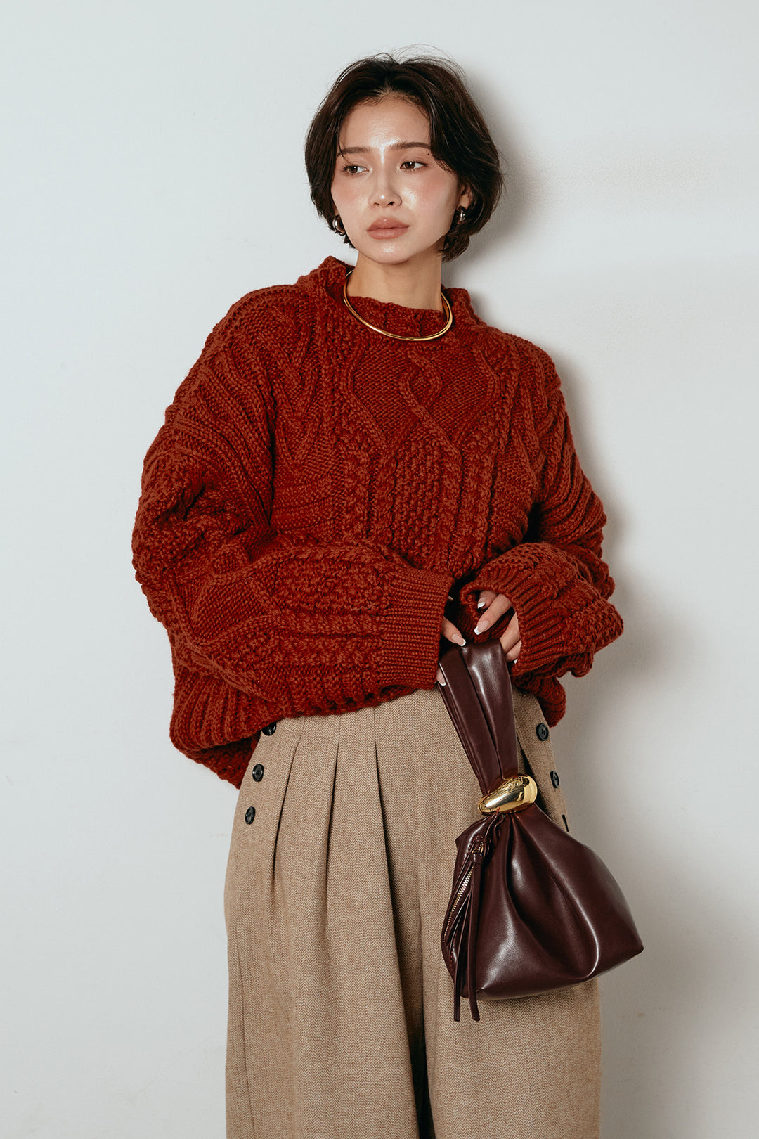 [SET]アラン柄ミックスケーブルニット+サイドボタンツイードタックパンツ(2set)