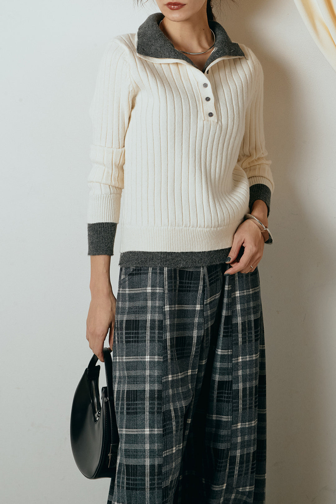 [SET]レイヤード風リブニットトップス+ベルト付きタータンチェックカーブワイドパンツ(2set)