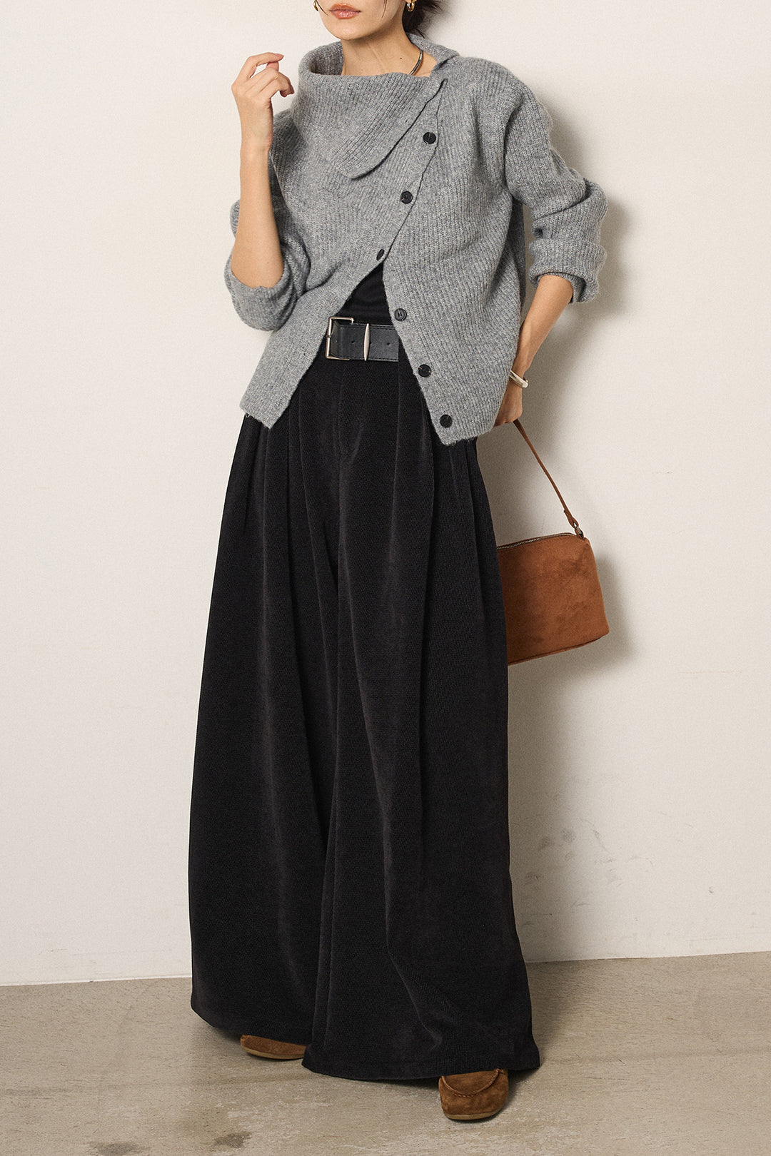[SET]ボタンデザインネックニットプルオーバー+ベルトループコーデュロイワイドパンツ(2set)