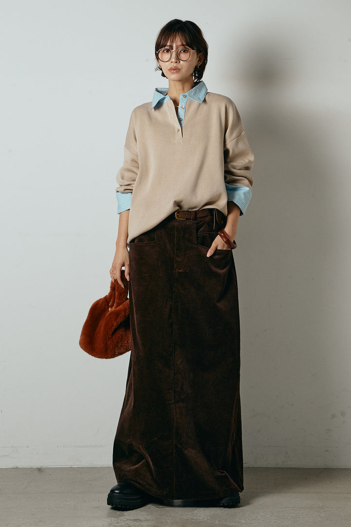 [SET]ストライプシャツドッキングポロトップス+ポーチベルト付きコーデュロイワイドスカート(2set)