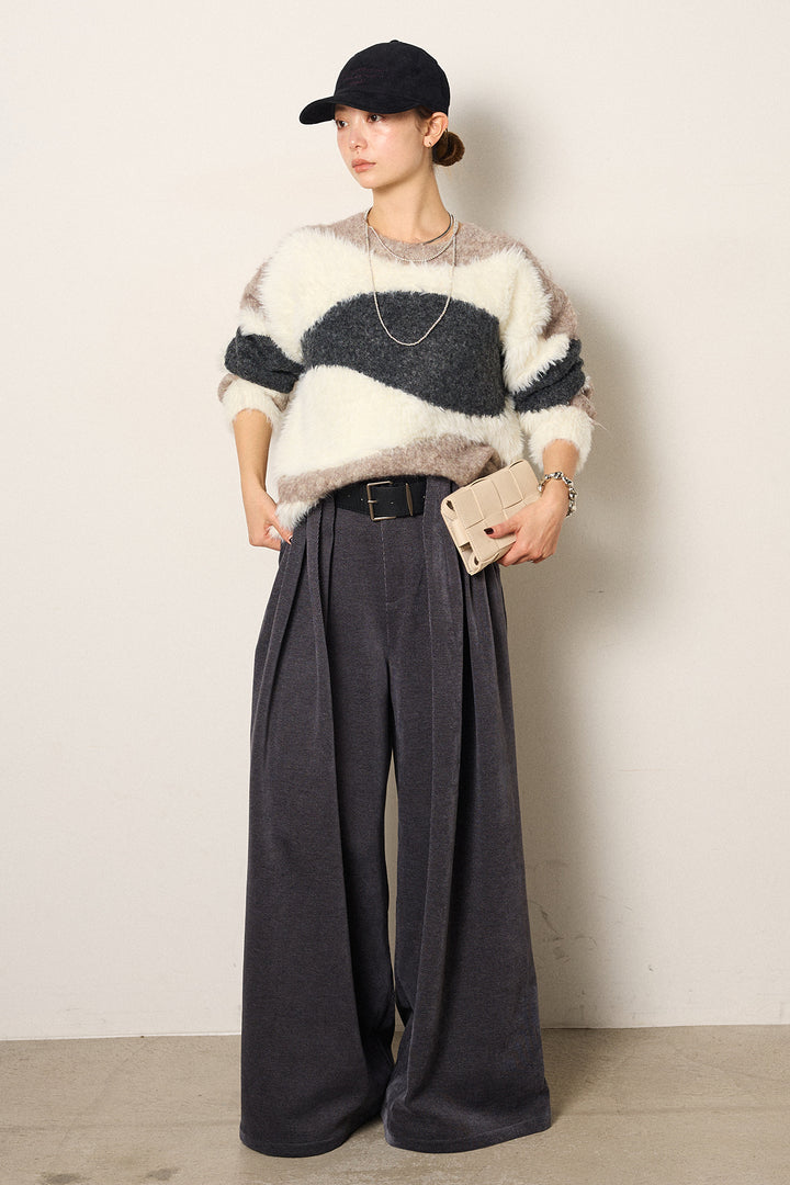 [SET]シャギーウェーブ柄クルーネックニットトップス+ベルトループコーデュロイワイドパンツ(2set)