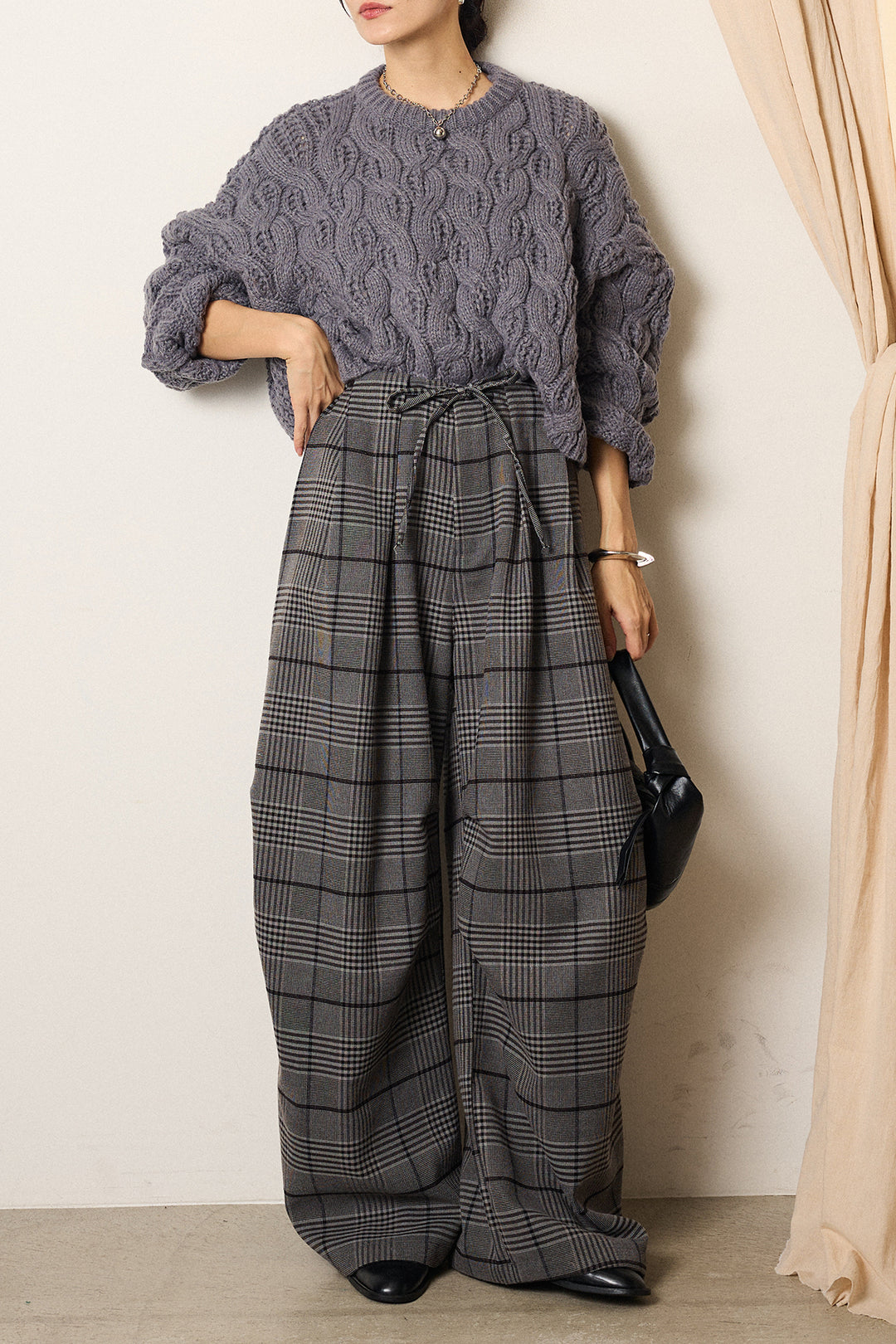 [SET]ケーブルリラックスショートニット+グレンチェックルーズタックパンツ(2set)