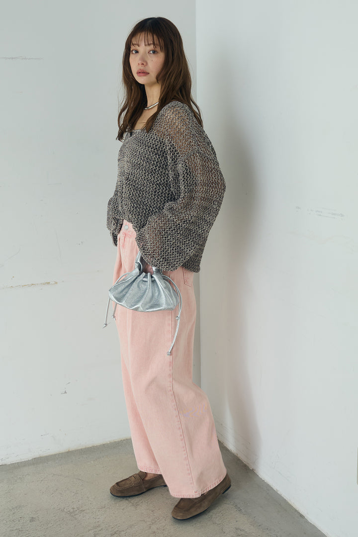 [SET]メッシュ編みビスチェセットVネックプルオーバー+カラーデニムタックカーブパンツ(2set)