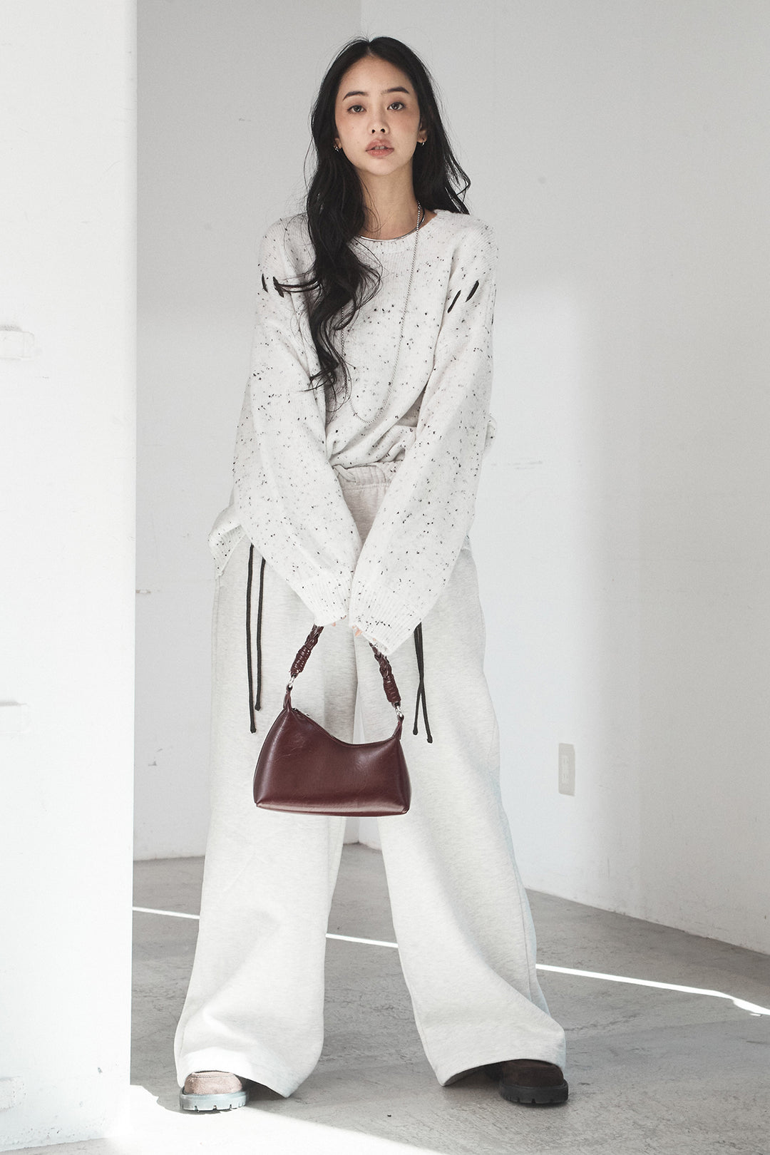 [SET]ネップ編み上げニットトップス+裏起毛スウェットワイドパンツ(2set)