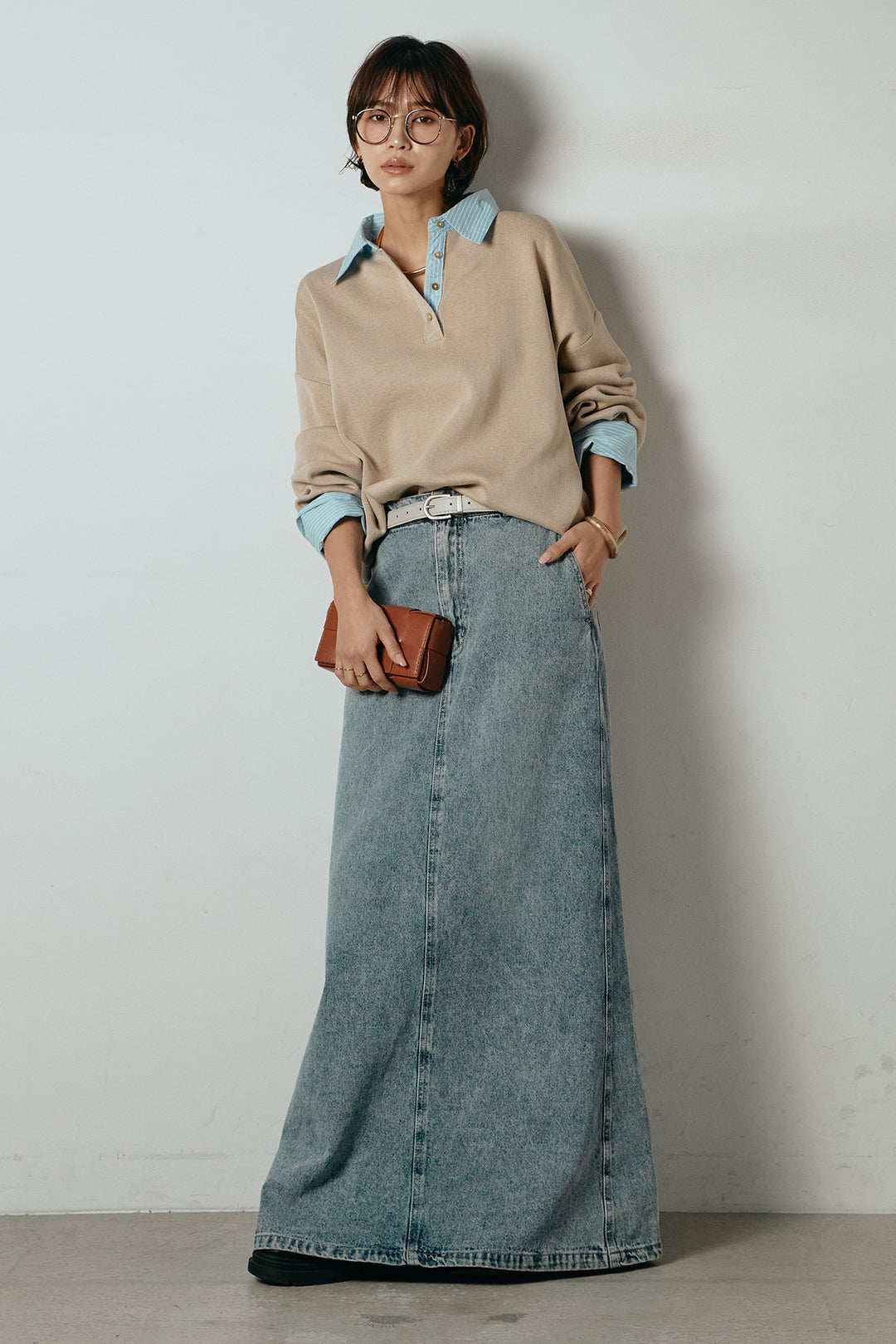 [SET]ストライプシャツドッキングポロトップス+デニムロングフレアスカート(2set)