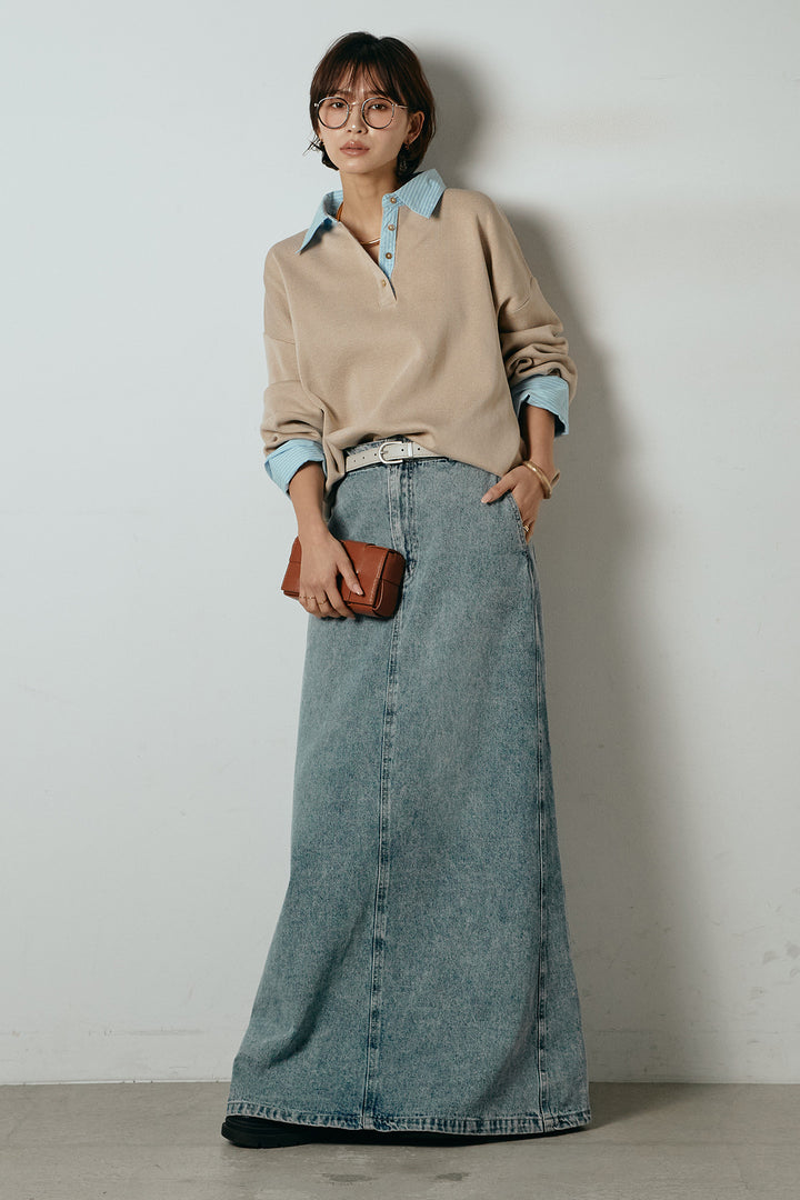 [SET]ストライプシャツドッキングポロトップス+デニムロングフレアスカート(2set)