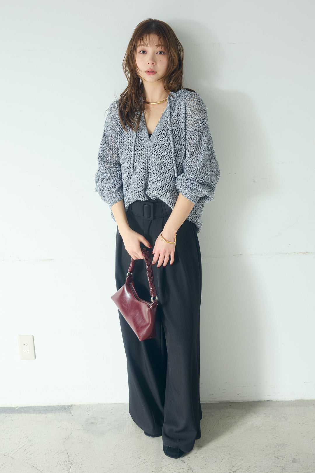 【即納】ミックスメッシュキーネックプルオーバー