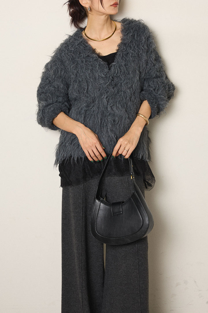 [SET]起毛シャギーニットカーディガン+レース切り替えキャミソール(2set)