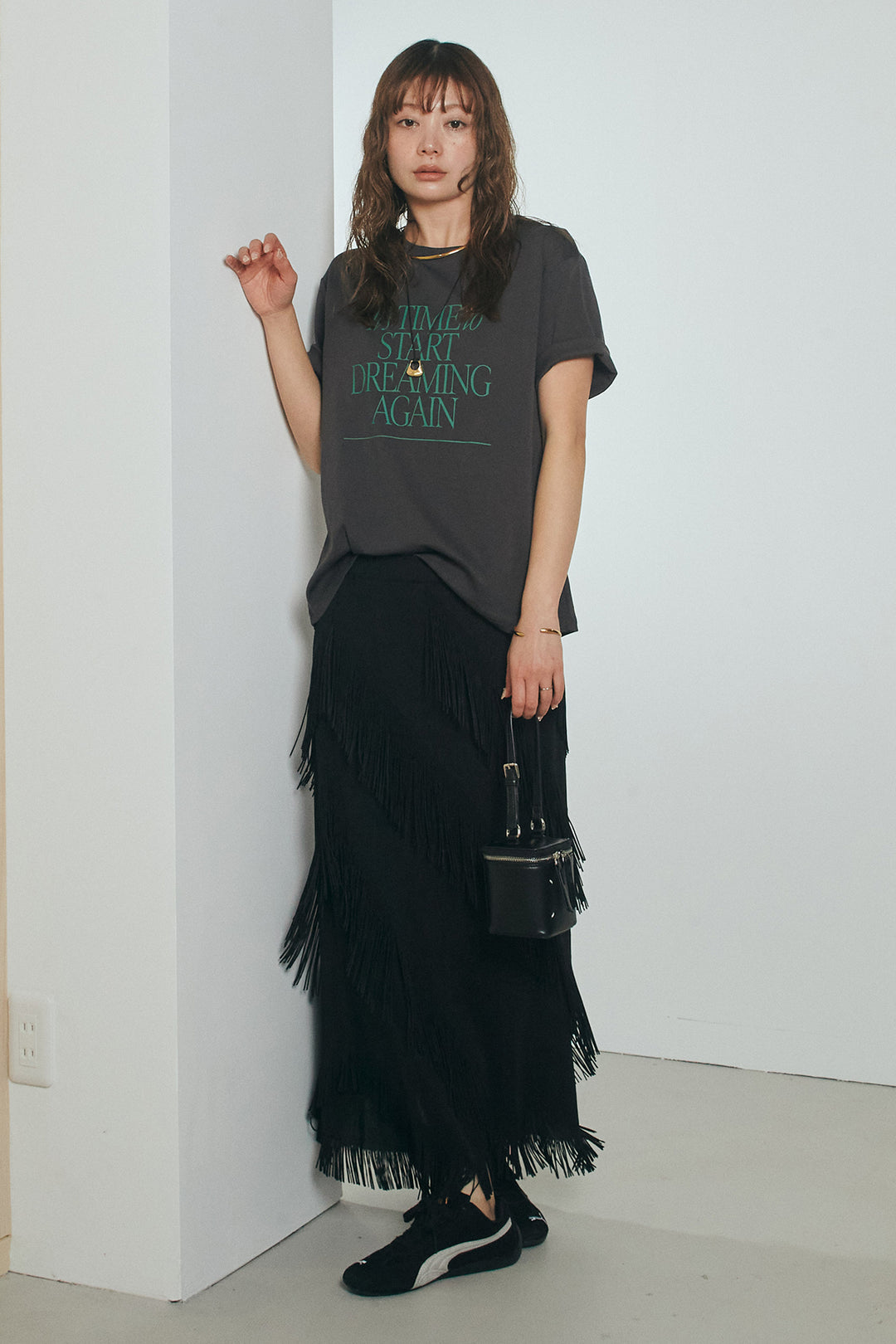 [SET]半袖TIMEロゴカットソー+斜めフリンジデザインスカート(2set)