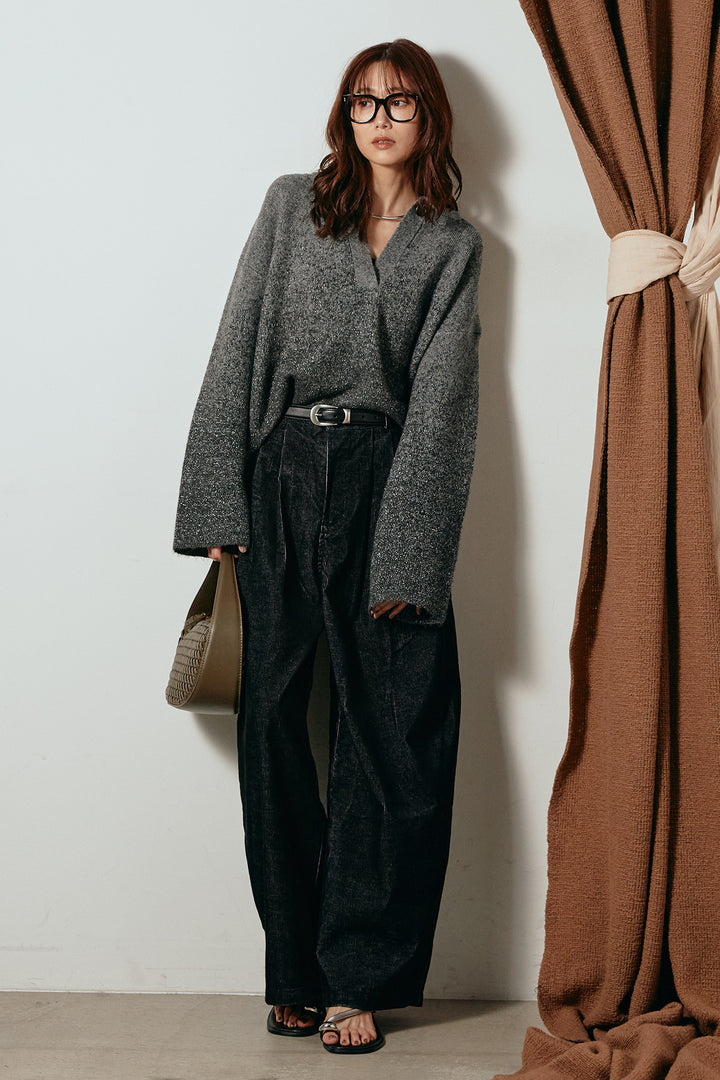 [SET]グラデーションラメニットキーネックプルオーバー+フロントタック入りコーデュロイパンツ(2set)