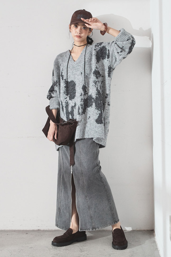 [SET]アブストラクト柄ニットプルオーバー+フロントジップデニムスカート(2set)
