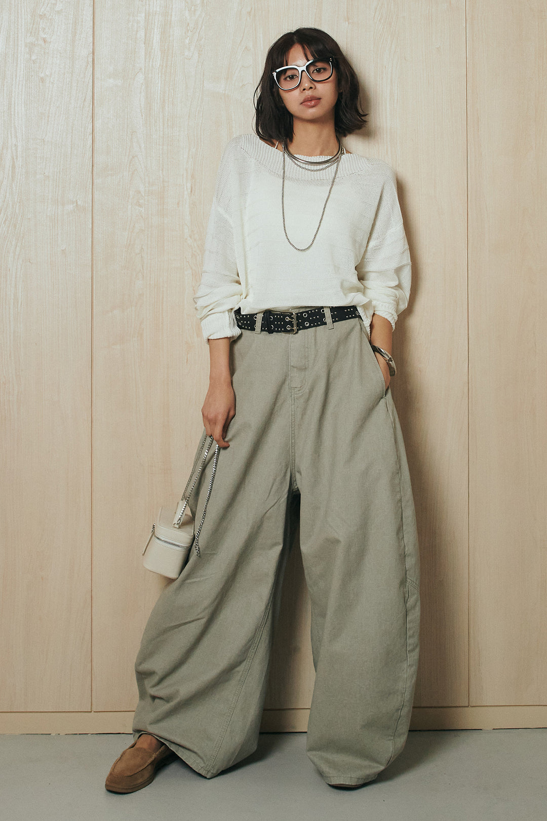 [SET]麻混リラックスニットトップス+ベルト付きカラーデニムパンツ(2set)