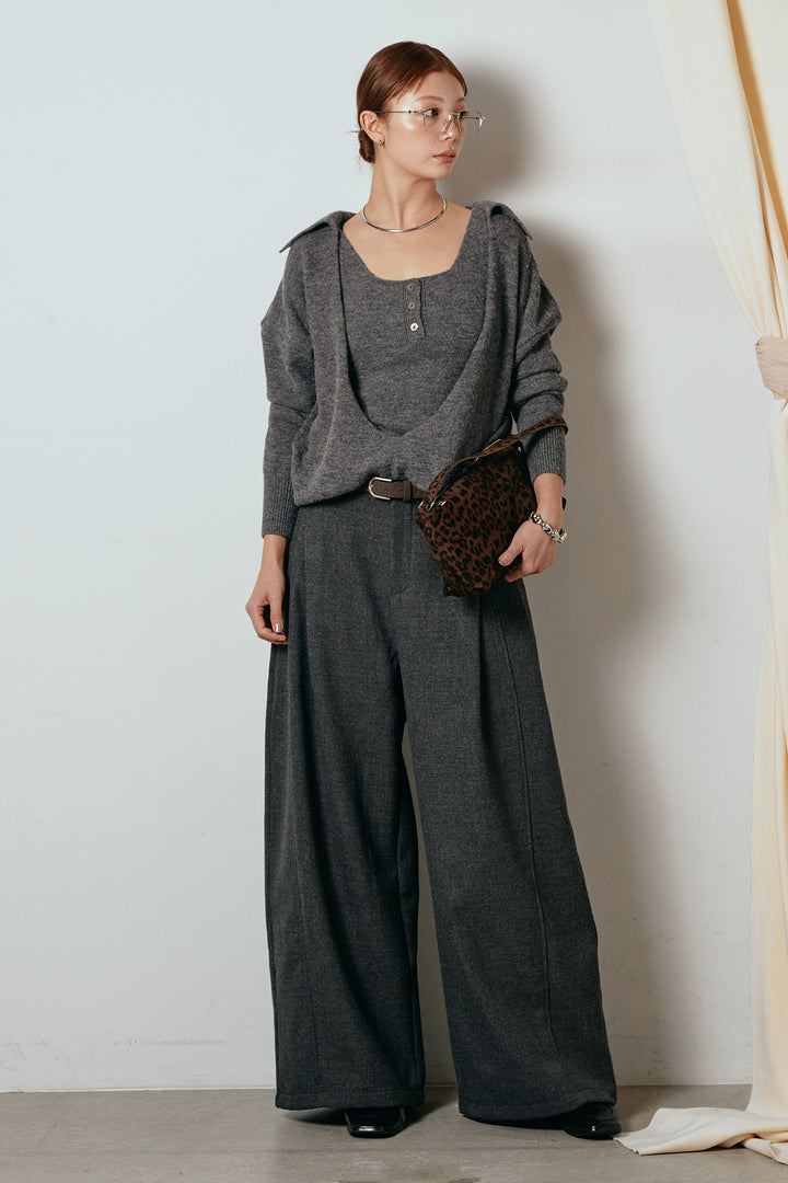 [SET]襟付きレイヤードニットトップス+ポーチベルト付きカーブパンツ(2set)