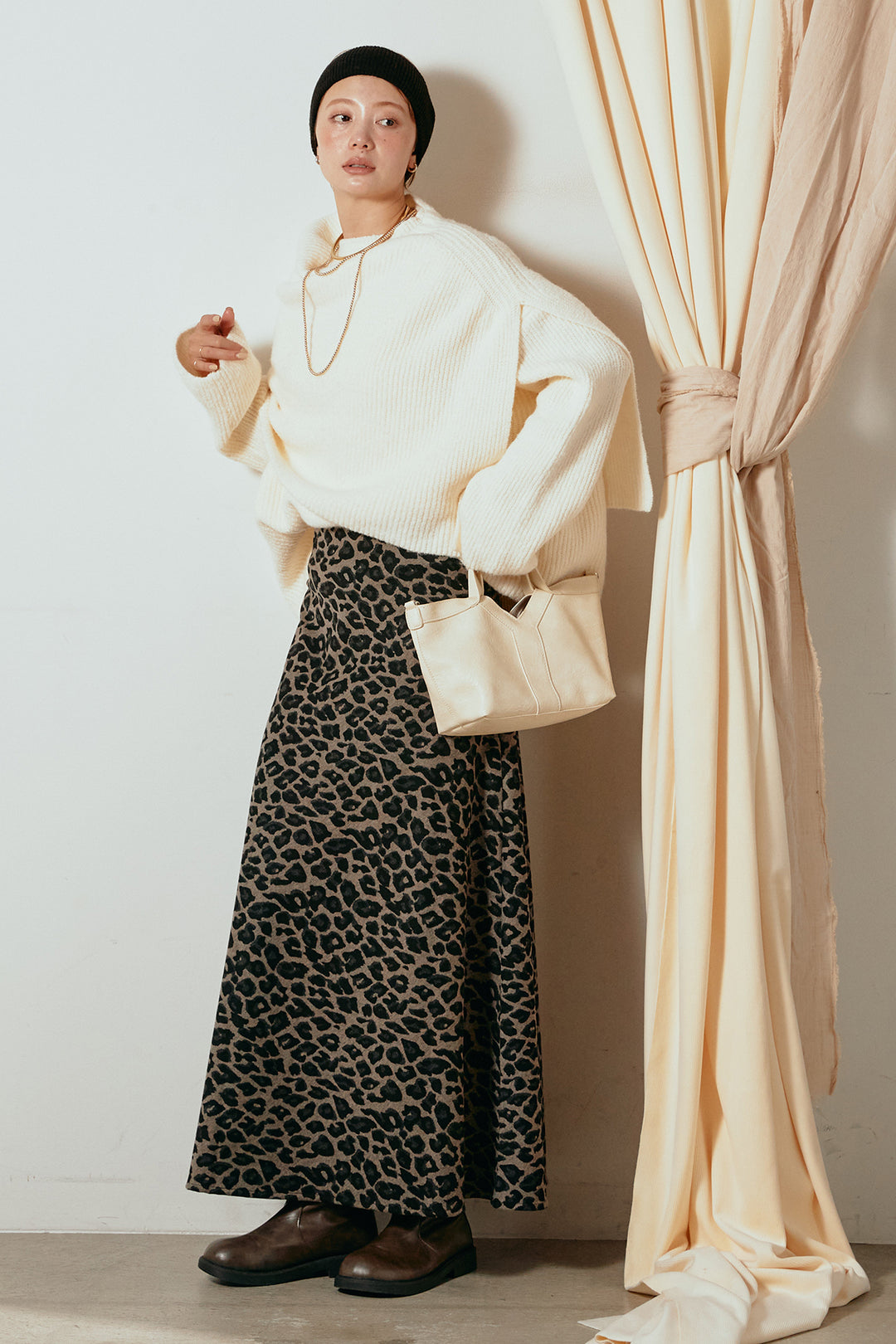 [SET]ケープデザインリブニットトップス+レオパードロングスカート(2set)