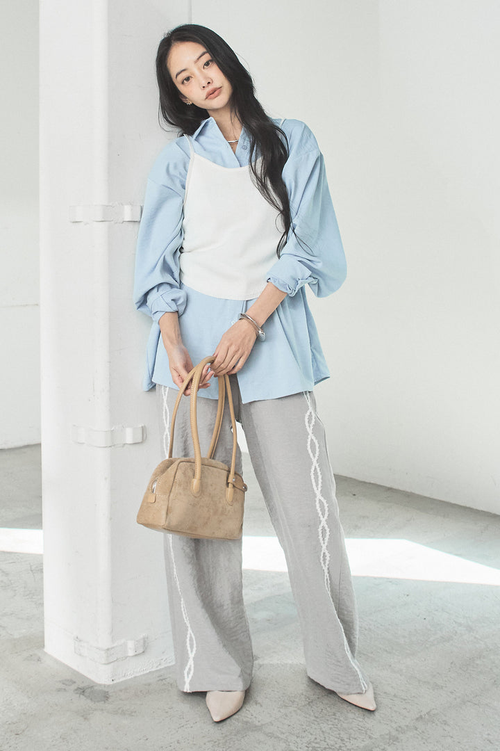 [SET]ニットキャミ付きシャツ+刺繡テープラインパンツ(2set)